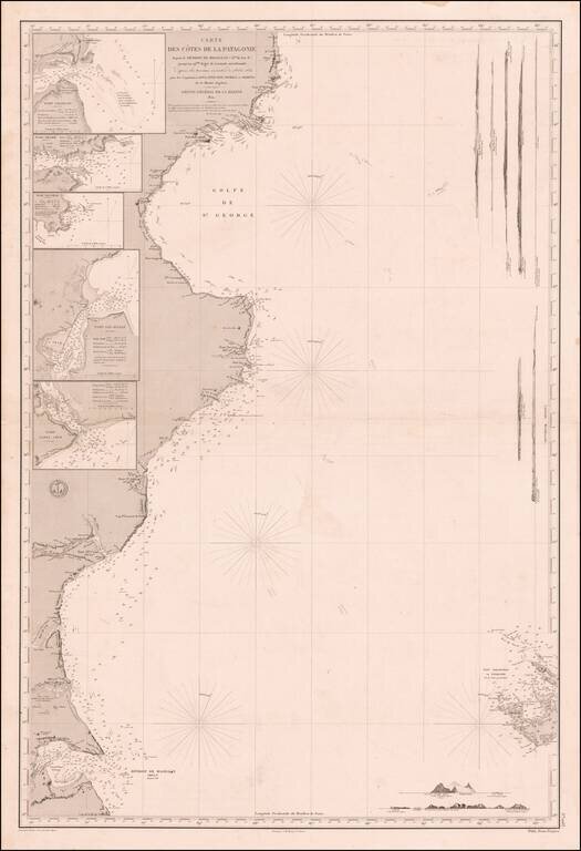 Carte Des Cotes la Patagonie depuis le Detroit de Magellan (53° de Lat S.) jusqu'au 44.eme de Latitude meridionale d'apres les travaux executes de 1828 a 1834, par les Capitaines King, Fizt-Roy,  Stokes et Skiring de la Marine Anglaise  1851