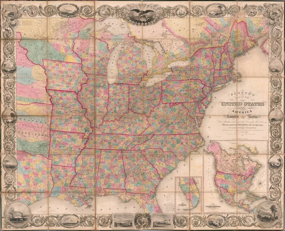 Colton's Map of the United States including Canada and a large portion of Texas. Showing the Base Meridian and Township Lines of the U.S. Surveys, the Lands allotted to the Indian Tribes west of the Mississippi. The Various Internal Improvements &c. Compi