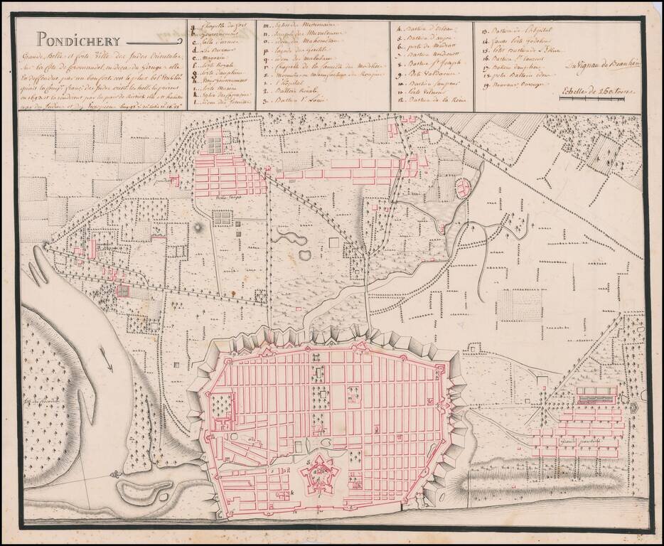 Grande, belle et forte Ville des Indes Orientales, sur la côte de Corommdel, en deca du Gange.  Elle est .deffendue par un bon fort. Cest le plus bel etablist. qu'ait la Comp. Franc. des Indes Oriens. Les holl la prirent en 1693; et rendirent par la paix 