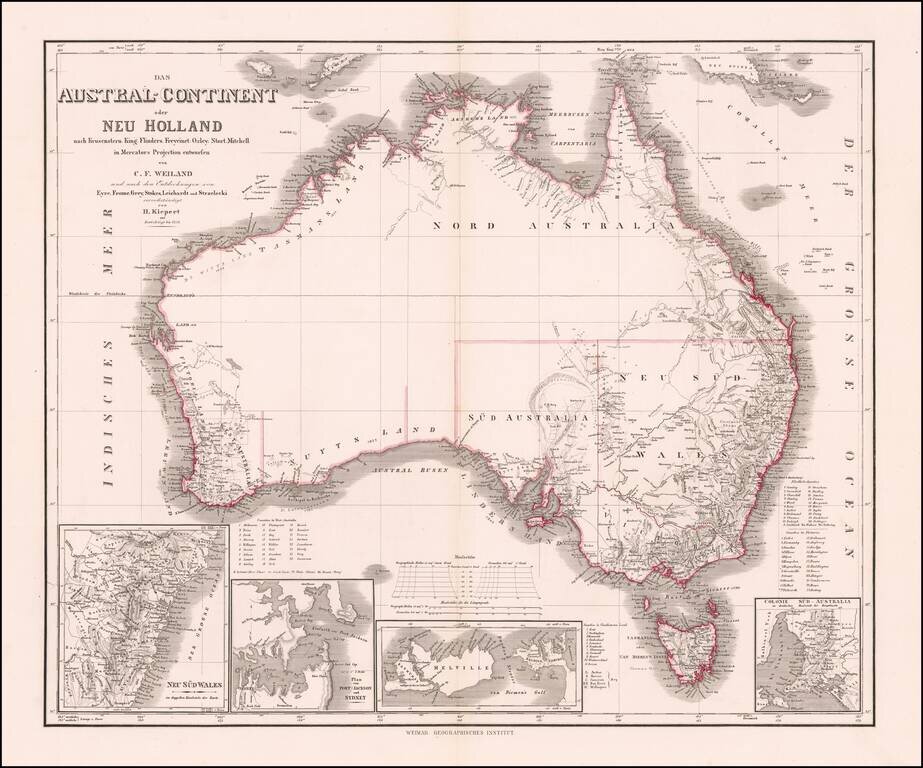 Das Austral-Continent oder Neu Holland nach Krusentern, King, Flinders, Freycinet, Oxey, Sturt, Mitchell in Mercator's Projection entworfen von C.F. Weiland und Eyre, Frome, Grey, Stokes, Leichardt, und Strzeliecki . . . 1848
