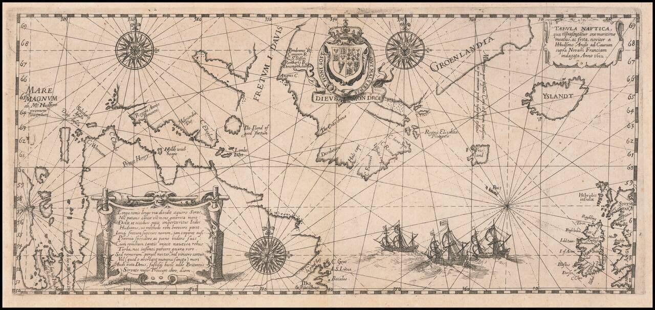 Tabula Nautica qua repraesentatur orae maritimae, meatus, ac freta, noviter a H Hudsono Anglo ad Caurum supra Novam Franciam indagata Anno 1612
