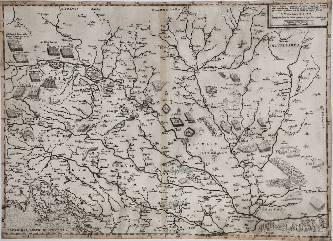 Vera et ultima discrittione di tutta l'Austria, Ungheria, Transilvania, Dalmatia et altri paesi come nel disegno apare, graduata . . . M D LXVI . . .