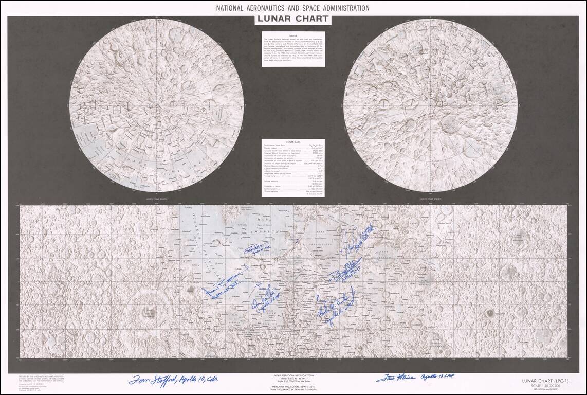 National Aeronautics And Space Administration Lunar Chart (Signed by Buzz Aldren, Alan Bean, Tom Stafford, Fred Haise, Edgar Mitchell, David Scott, Charles M. Duke Jr., Gene Cernan)