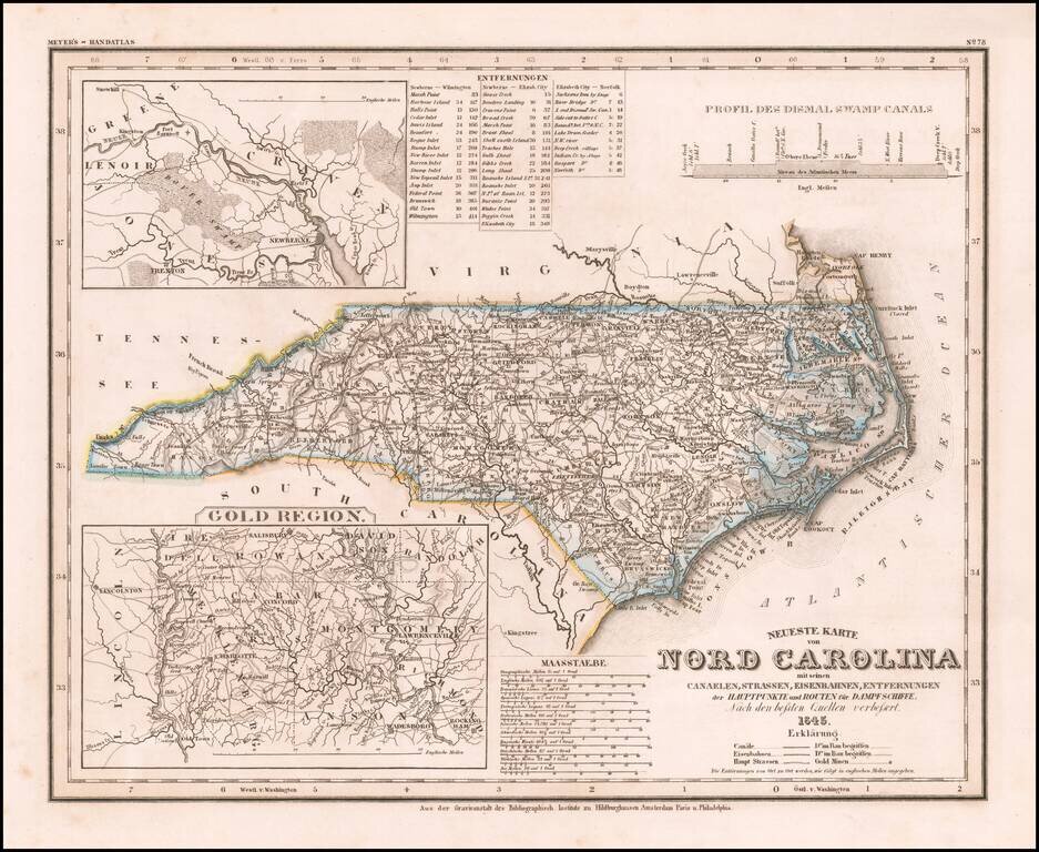 Neueste Karte von Nord Carolina mit seinen Canaelen, Strassen, Eisenbahnen, Entfernungen….1845
