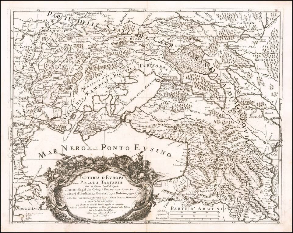 Tartaria D Europa ouero Piccola Tartaria divisa da Giacomo Cantelli da Vignola  ne Tartari Nogai e del Crim, o di Precop . . . ne Tartari di Budziack, D'Oczackow, e di Dobrus . . .Tartari Circassi . . . need Due Uckraine una abitata da Cosacchi . . .