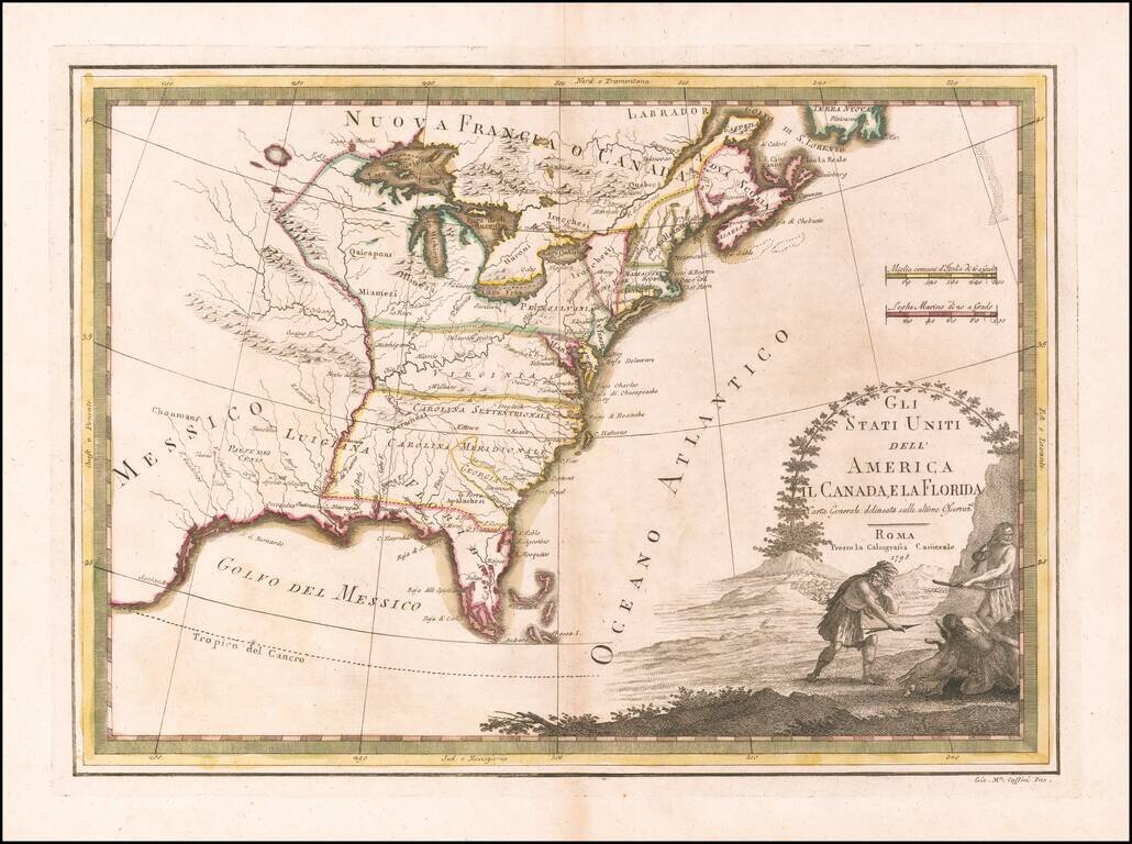 Gli Stati Uniti dell' America Il Canada, e la Florida. Carta Generale delineata sulle ultime Observanzni.