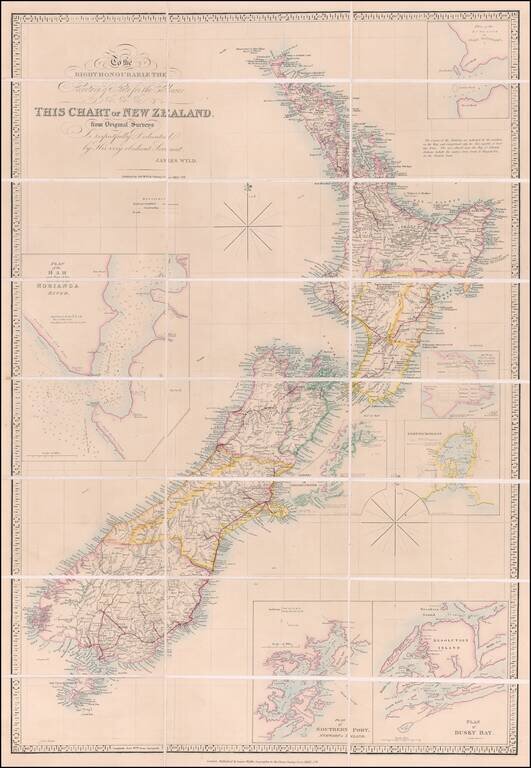 To the Right Honourable The Secretary of State for the Colonies &c. &c. &c.  This Chart of New Zealand, from Original Surveys Is respectfully Dedicated by his very obedient Servant, James Wyld.