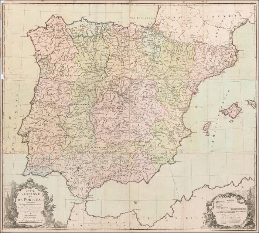 Carte d'Espagne et de Portugal Comprenant les Routes des Postes et autres de ces deuxe Roiaumes . . . 1782