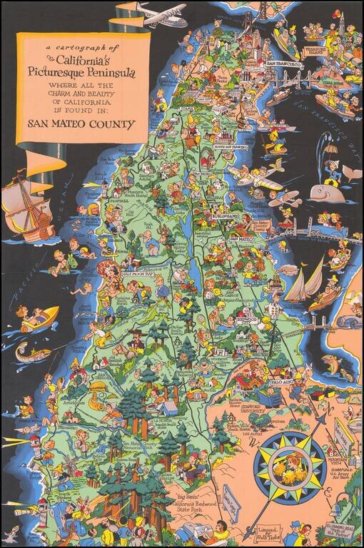a cartograph of California's Picturesque Peninsula where all the Charm and Beauty of California is Found in:  San Mateo County