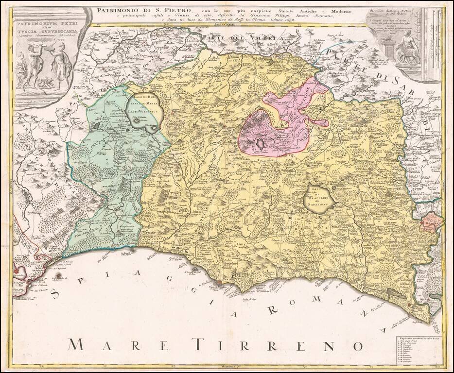 Patrimonio Di S. Pietro, con le sue piu cospicue Strade Antiche e Moderne, e principali casali e Teunute di esso . . . 1696