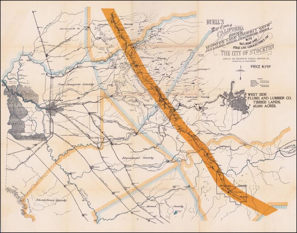 Buell's Map of part of California showing the Mother Lode Mineral Belt with Rail Road and Stage Line Connections To The City of Stockton.  Compiled and Published By R.A. Buell Stockton Cal . . .