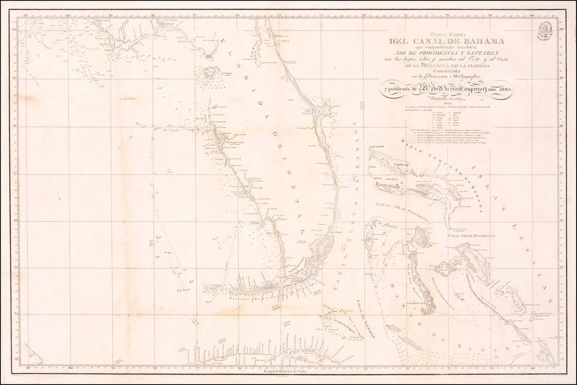 Nueva Carta Del Canal De Bahama que comprehende tambien Los Providencia y Santaren con los bajos, islas y donsas al Este y al Oeste De La Peninsula De La Florida . . . 1805.  Corregida en 1807