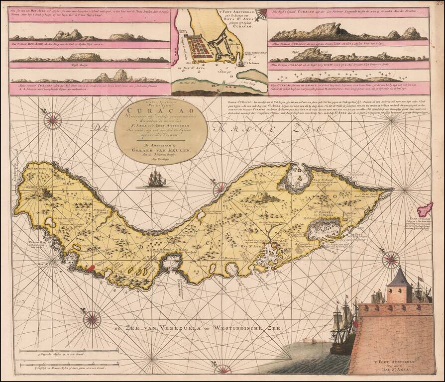 Nieuwe Afteekening van het Eyland Curacao vertoonende alle desselfs geleegentheden mitsgaders de haven van St. Anna en 't Fort Amsterdam int grood, als ook hoe sig dit Eyland uyt der zee vertoont