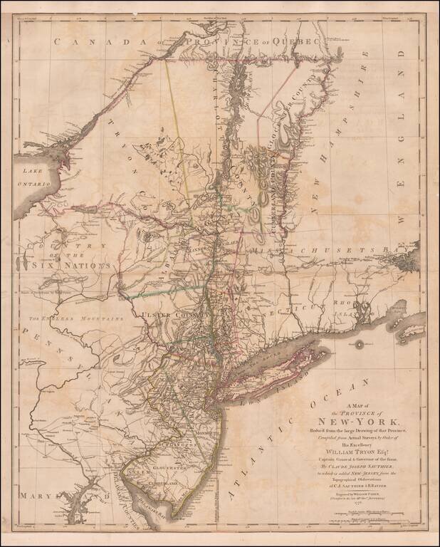 A Map of the Province of New-York, Reduc'd from the large Drawing of that Province, Compiled from actual Surveys by Order of His Excellency William Tryon Esqr. Captain General & Governor of the Same, By Claude Joseph Sauthier; to which is added New-Jersey