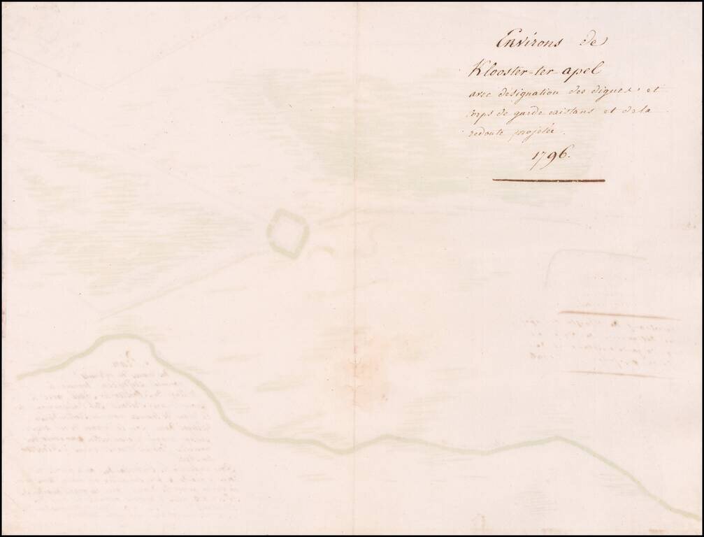 [Monastery Ter Apel] Plan des digues de retenues nommees Leijdijken, derriere le Village de Klooster ter Apel, avec le project d' une Redoute sur l'alignement de la digue de traverse nommee, Korten ??? ??? dam, pour la defence de cet acces: paasage unique