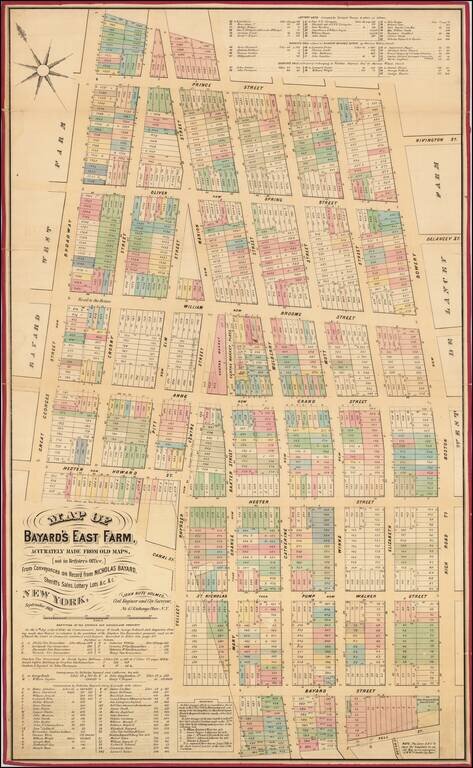 [Nolita -- Lower Manhattan]  Map of Bayard's East Farm, Accurately Made From Old Maps, [not in Register's Office,] From Conveyances on Record from Nicholas Bayard, Sheriffs Sales, Lottery Lots &c. &c.
