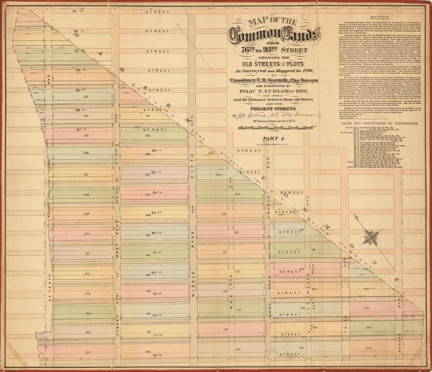 [Upper East Side - Manhattan -- 79th Street to 93rd Street]   Map of the Common Lands from 76th to 93rd Street Showing the Old Streets and Plots As Surveyed and Mapped in 1796, By Cassimer T. H. Goerck, City Surveyor and Resurveyed by Isaac T. Ludlam in 1