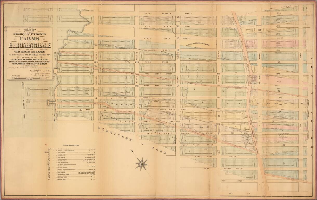 Map showing the Perimeters of Farms in Bloomingdale and the Old Roads and Lanes as they existed One Hundred Years Ago Belonging to the Cozine, Harson, Hopper, Hegeman, Stake, Stryker, Eden, Tevon, Haynes, Horsmanden, Reis, Kelly, Webber, Cutting, Astor, E
