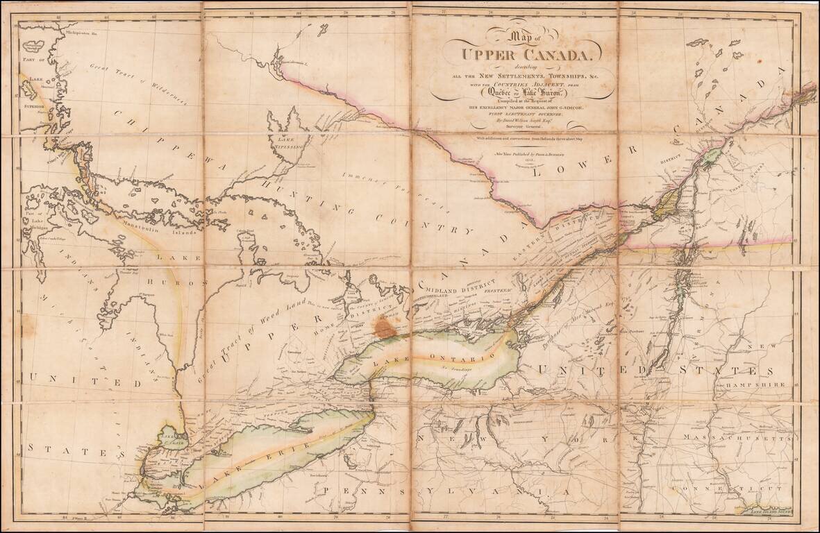 Map of Upper Canada, describing all the New Settlements, Townships, &c. with the Counties Adjacent, from Quebec to Lake Huron.  Compiled at the Request of His Excellency Major General John G. Simcoe,  First Lieutenant Governor.  By David William Smyth Esq