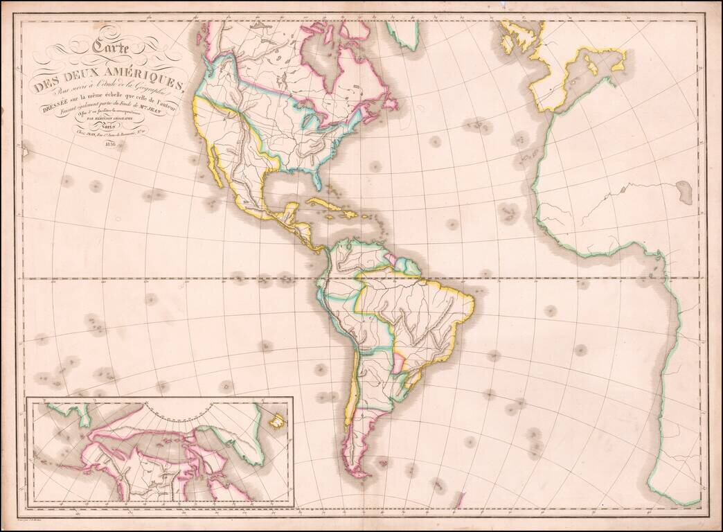 Carte Des Deux Ameriques, Pour servir a l'etude de la Geographie Dressee sur le meme echelle que celle de l'auteur Faisant egalement partie du Fonds de Mme. Jean  Afin d'en faciliter la correspondance . . . 1836