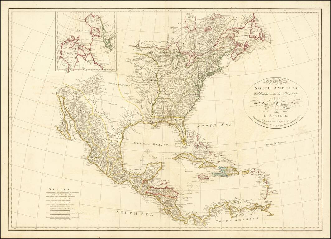 A Map of North America Published under the Patronage of the Duke of Orleans by D'Anville.  Drawn and Engraved for J. Harrison…1791