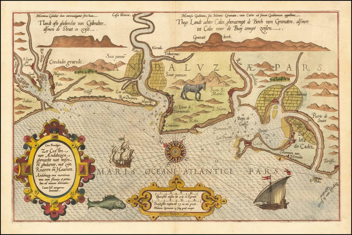 (Cadiz / Andalucia )  Zee Custen van Andaluzien ghemaeckt naet wesen en ghedaente, met zijn Rivieren en Hauenen