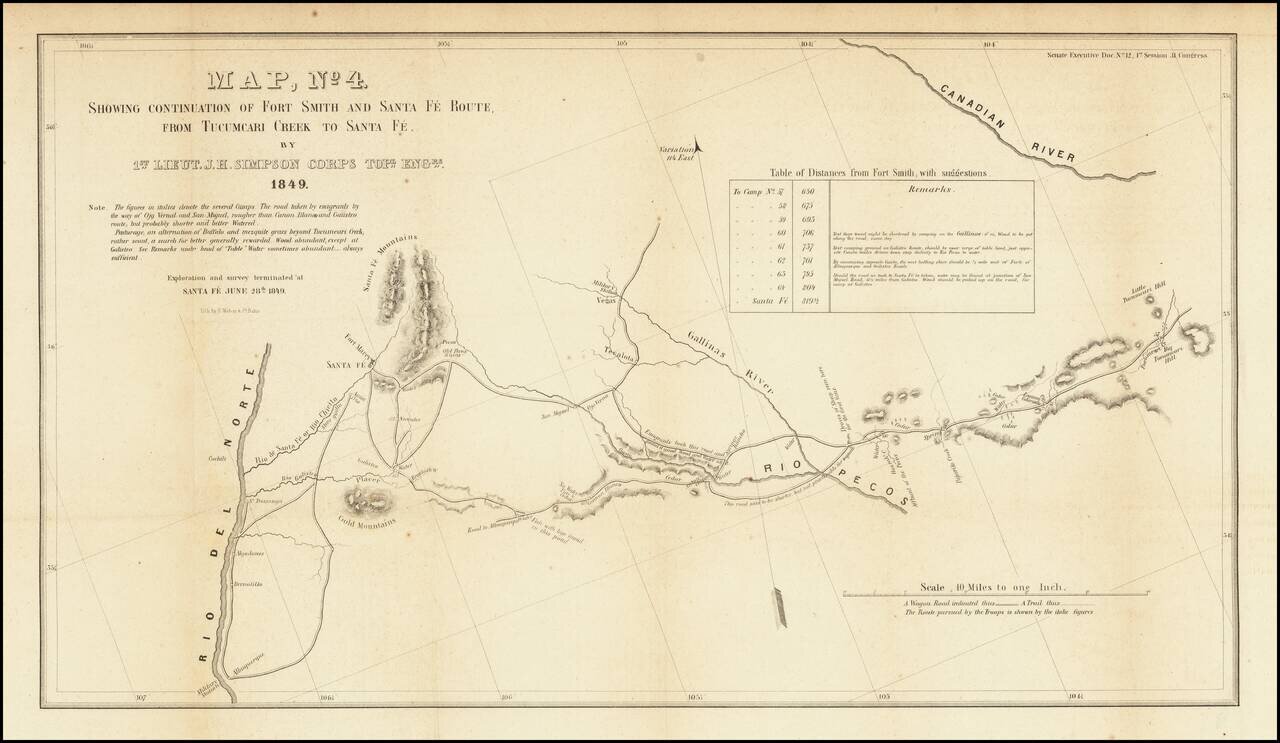 Map, No. 4.  Showing continuation of Fort Smith and Santa Fe Route, From Tucumcari to Santa Fe . . . 1849