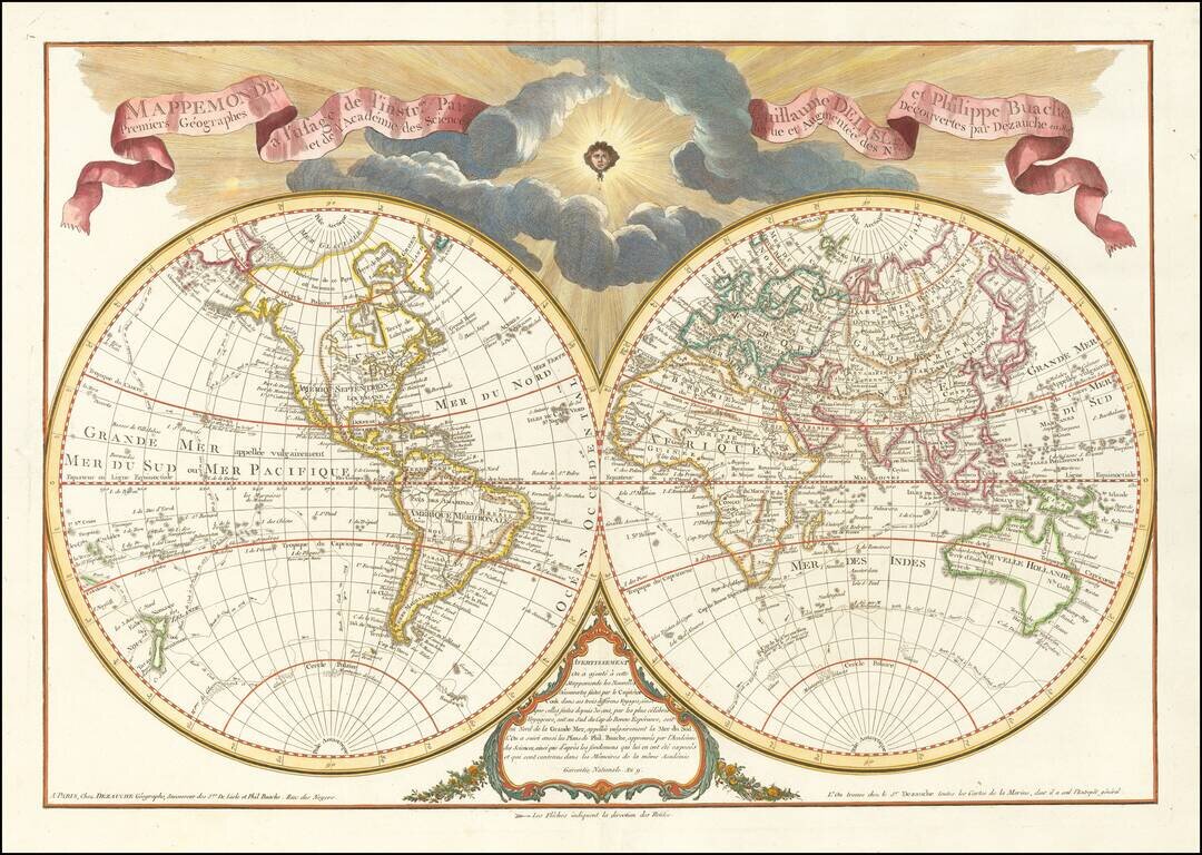 Mappemonde a l'usage de l'Instr.on. par Guillaume Delisle et Philippe Buache Premiers Geographes et de l'Academie des Sciences. Revue e Augmentee des Nlles. Decouvertes par Dezauche . . .   [Shows Cook's Discoveries in the Pacific]