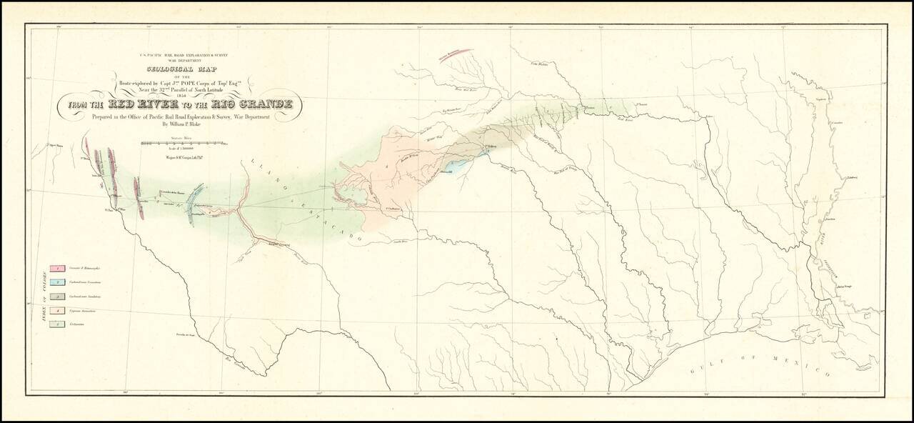 Geological Map of the Route explored by Capt. Jno. Pope Corps of Topl. Engrs. Near the 32nd Parallel of North Latitude 1854.  From the Red River to the Rio Grande . . .