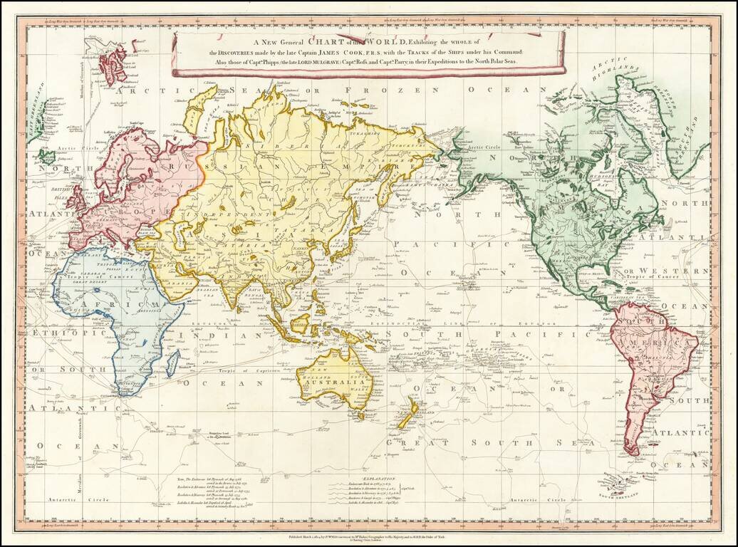 A New General Chart of the World. Exhibiting the Whole of the Discoveries made by the late Captain James Cook, F.R.S. with the Tracks of the Ships under his Command:  Also those of Captn. Phipps (the late Lord Mulgrave) Captn. Ross, and Captn. Parry, in t