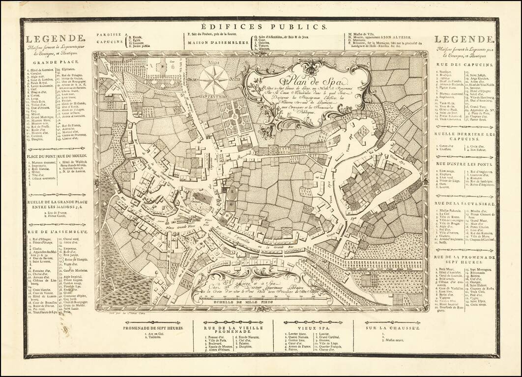 Plan de Spa, Situe a Sept Lieves de Liege, au Midi, Si Renomme Par Ses Eaux Minerales, dans le quel Sont Designes les Princiapaux Edifices, les Maisons servant de Logement aux Etrangers et les Promenades Publiques