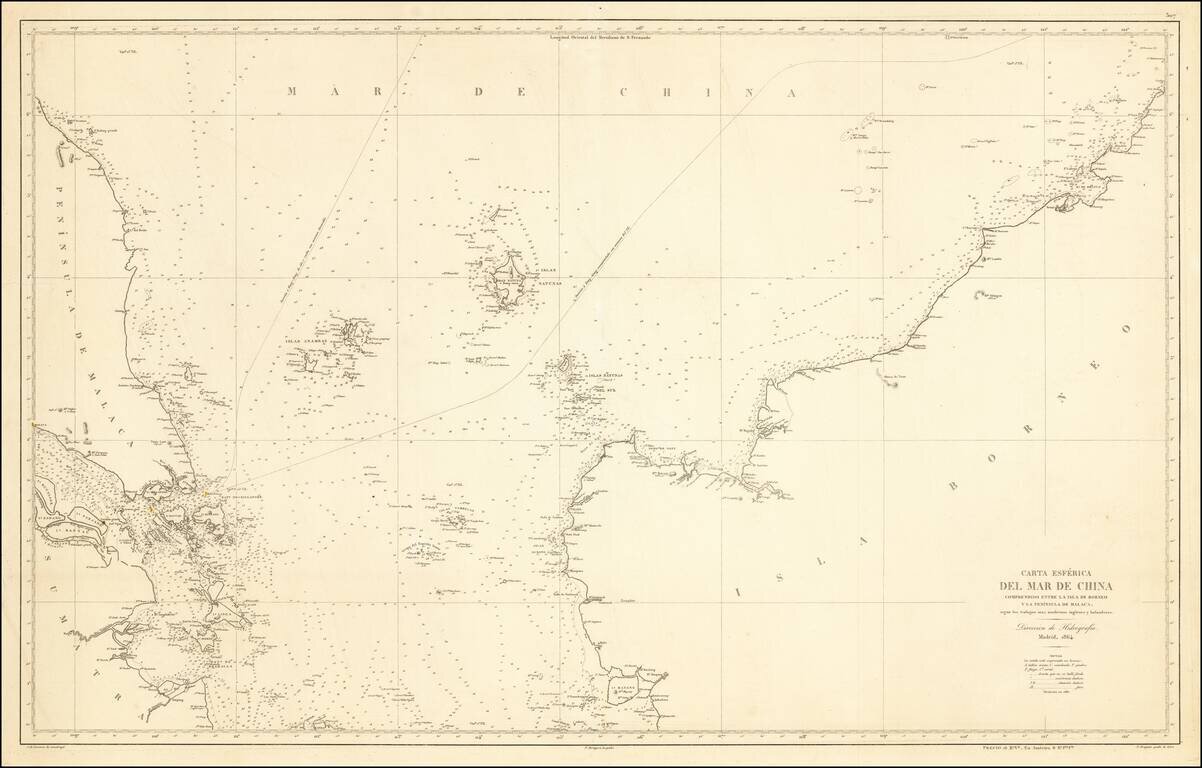 [Singapore & Malaca Strait]  Carta Esferica Del Mar de China Comprendido Entre La Isla De Borneo y La Peninsula De Malaca, segun os trabajos mas modernos ingelese y holandeses . . . 1864