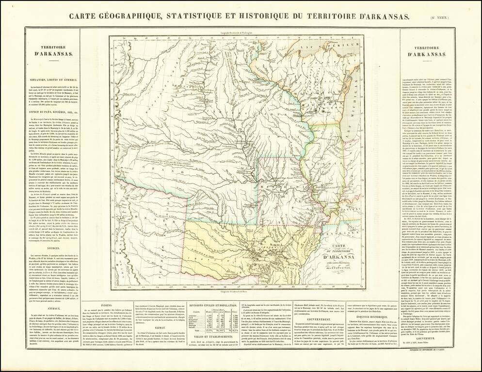 Carte Geographique, Statistique et Historique du Territoire D'Arkansas
