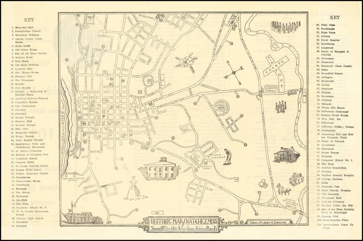 Historic Map of Natchez, Miss. Showing 101 Sites of Ante-Bellum Homes, Historical Places, Etc.