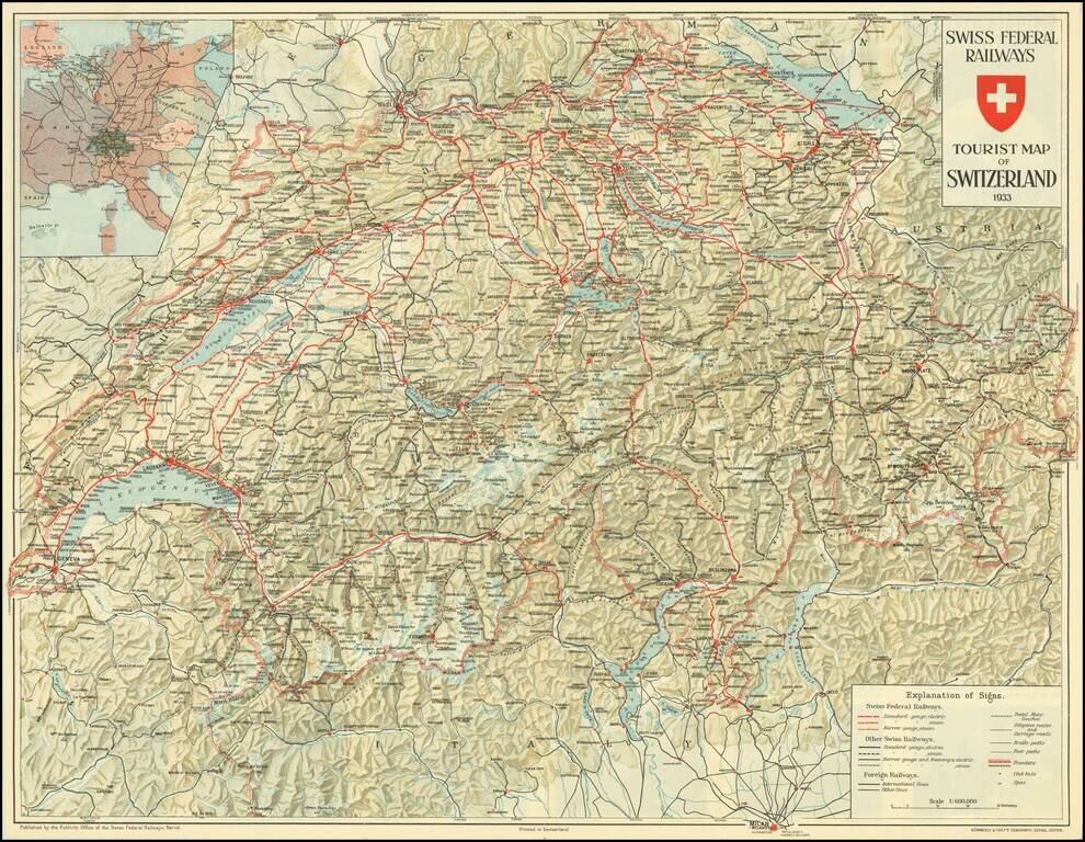 Swiss Federal Railways Tourist Map of Switzerland 1933