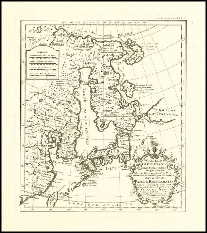 Carte des Isles du Japon Et des Costes de la Chine les plus voisines Avec les Terres qui en sont au Nord Decouverte et soumises par les Russiens Sous lenom de Pays Kamtschatka dont on ne connoissoit anciennement que la partie la plus prochure du Japon app