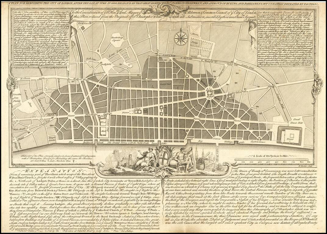 A Plan For Rebuilding The City of London After The Great Fire in 1666; Design'd By That Great Architect Sr. Christopher Wren; and Approv'd of By King and Parliament, But Unhappily Defeated By Faction.