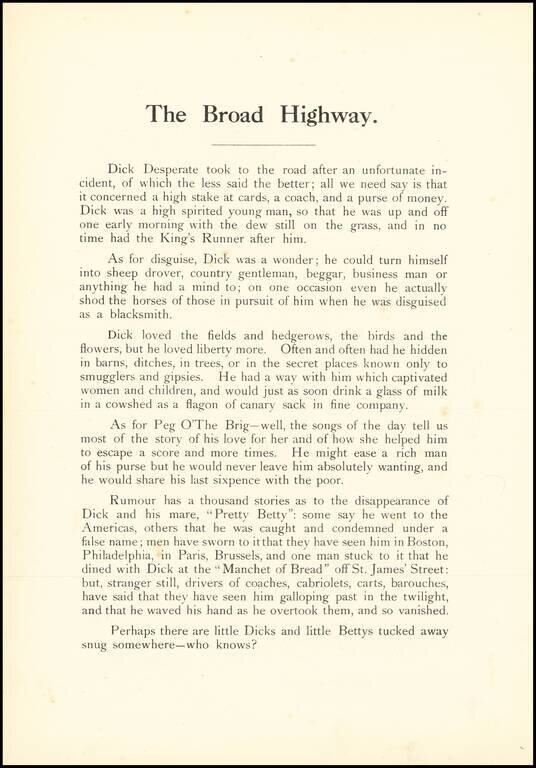 The Broad Highway.  This Perspective is faithfully designed from the notes & descriptions of the learned Mr. Neronius Quarrell Gent, Antiquary & Traveller, who disappeared in the year 1765, when it was thought by some that he was taken by Barbary Pirates 