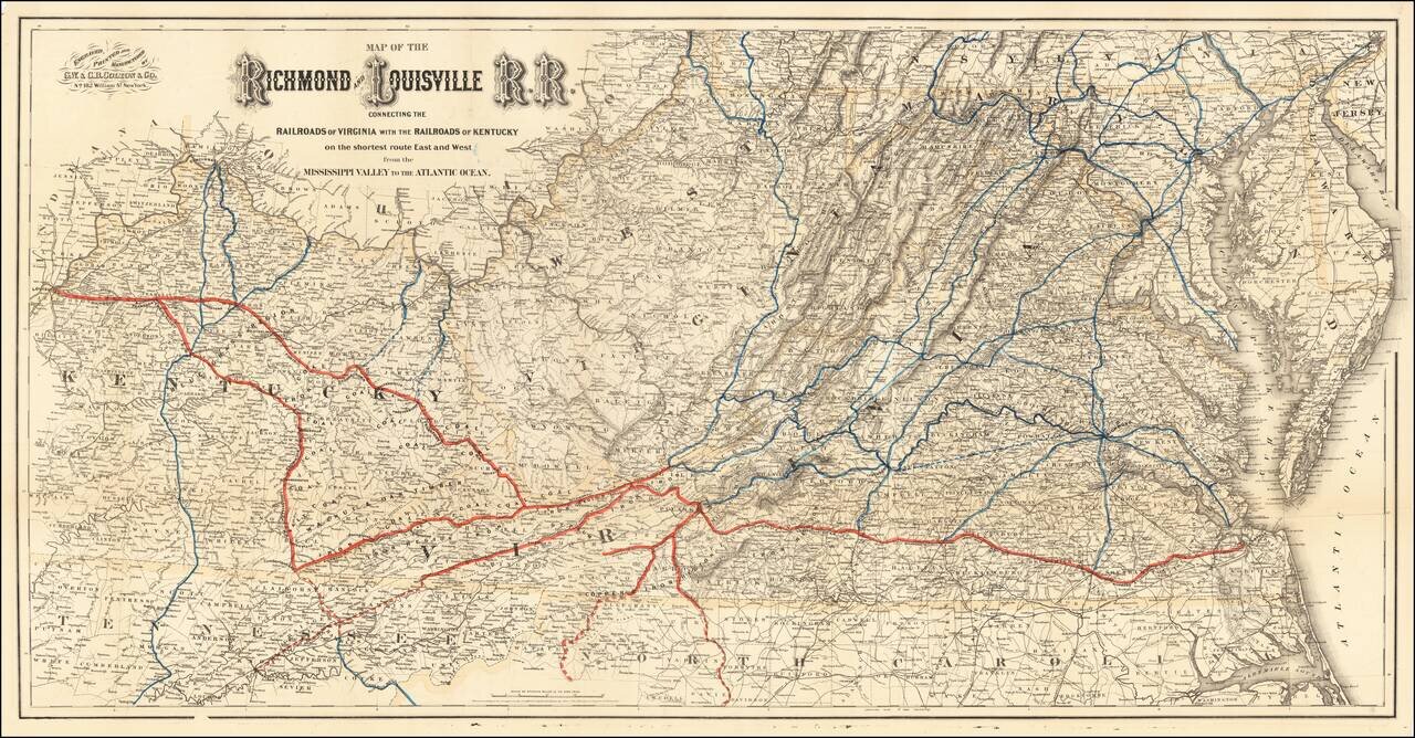 Map of the Richmond and Louisville R.R. Connecting The Railroads of Virginia with the Railroads of Kentucky on the shortest route East and West from the Mississippi Valley to the Atlantic Ocean