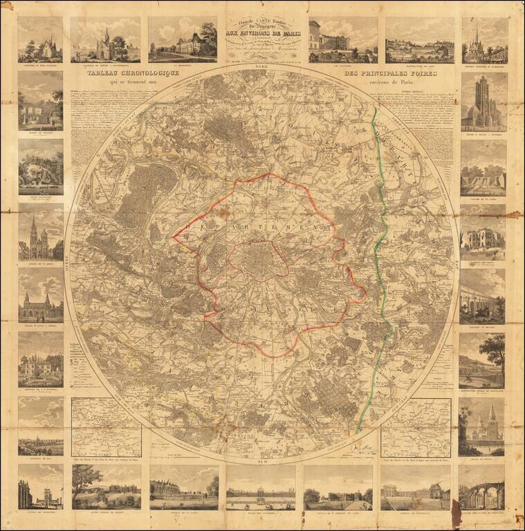 Nouvelle Carte Routiere du Voyageur aux Environs de Paris Contenant: les Departemens de la Seine, de Seine et Oise et partie ceux adjacens; La Seule Ornee des Vues principaux Monumens qui s'y trouvent situes depose 1830