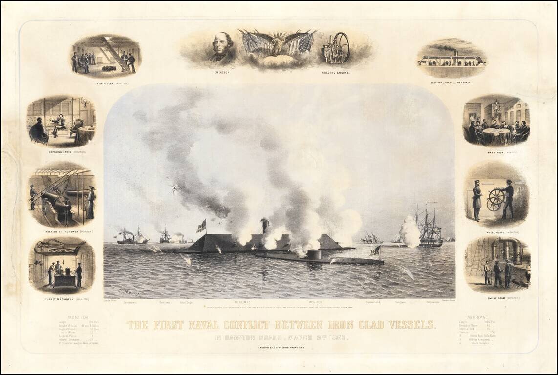 The First Naval Conflict Between Iron Clad Vessels. In Hampton Roads, March 9th 1862.