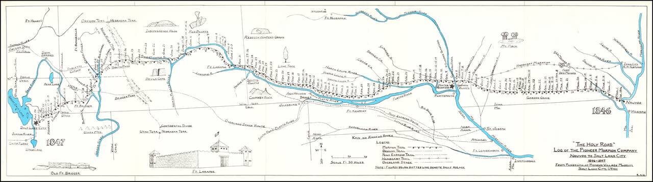 The Holy Road  Log of the Pioneer Mormon Company Nauvoo to Salt Lake City 1846-1847 From Panorama at Pioneer Village Museum Salt Lake City, Utah.