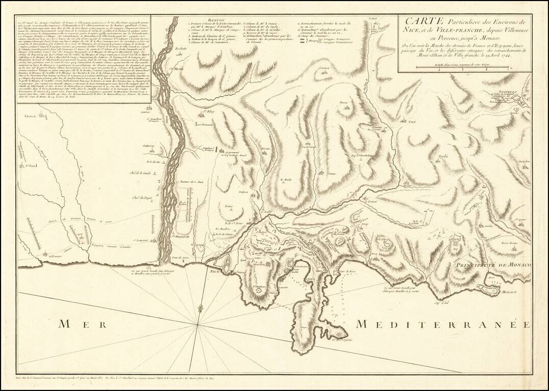 [Nice, Beaulieu-sur-Mer, Monaco]  Carte Particuliere des Environs de Nice, et de Ville-Franche, depuis Ville-neuve en Provence, jusqu'a Monaco.  Ou l'on voit la Marche des Armees de France et d'Espagne, leurs passage du Var, et les differentes attaques de