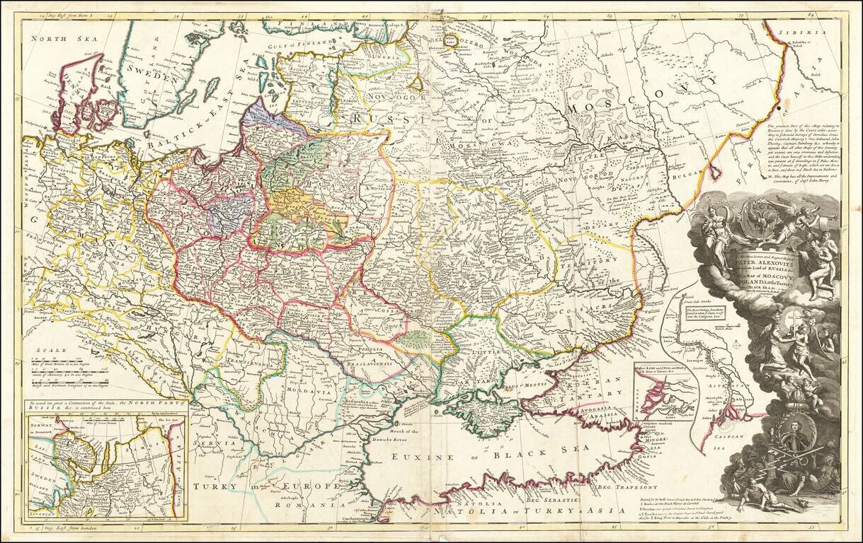 To His Most Serene and August Majesty Peter Alexovitz Absolute Lord of Russia &c. This map of Moscovy, Poland, Little Tartary, and ye Black Sea &c. is most Humbly Dedicated by H. Moll Geographer