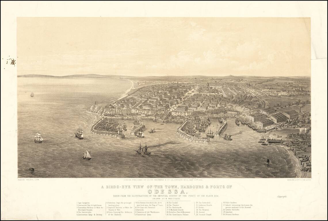 A Birds-Eye View of the Town, Harbours & Forts of Odessa.  Taken From The Illustrations of the Imperial Survey of the Ports of the Black Sea. . . .