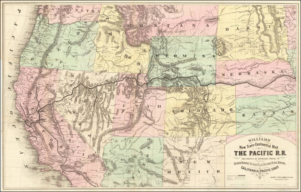 Williams New Trans-Continental Map of The Pacific R.R. and Routes of Overland Travel To Colorado, Nebraska, The Black Hills, Utah, Idaho, Nevada, Montana California and the Pacific Coast . . . 1876
