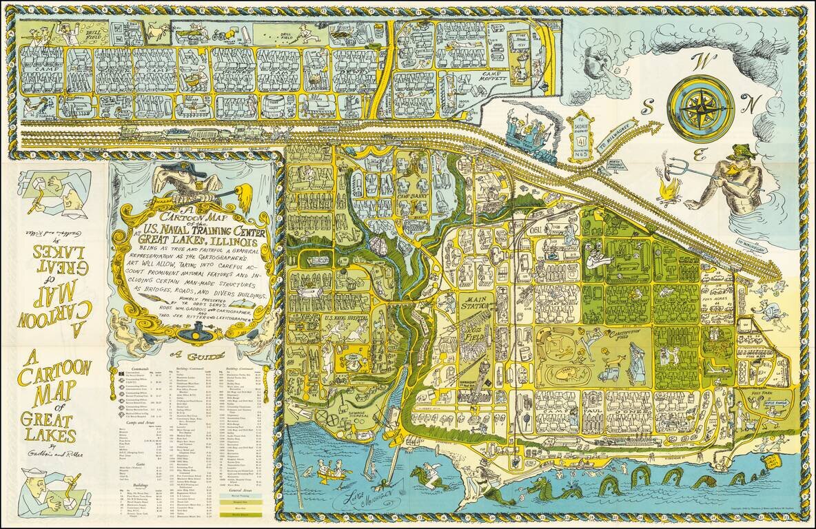 A Cartoon Map of the US. Naval Training Center at Great Lakes, Illinois Being As True and Faithful A Graphical Accounting As The Cartographer's Art Will Allow, Taking Into Careful Account Prominent Natural Features And Including Certain Man-Made Structure