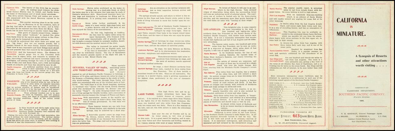 [California in Miniature]  Bird's-Eye View Map Showing Its Prominent Topographical Features, Location of Principal Cities, Towns and Points of Note, Also Lines of the Southern Pacific Company.  1898.