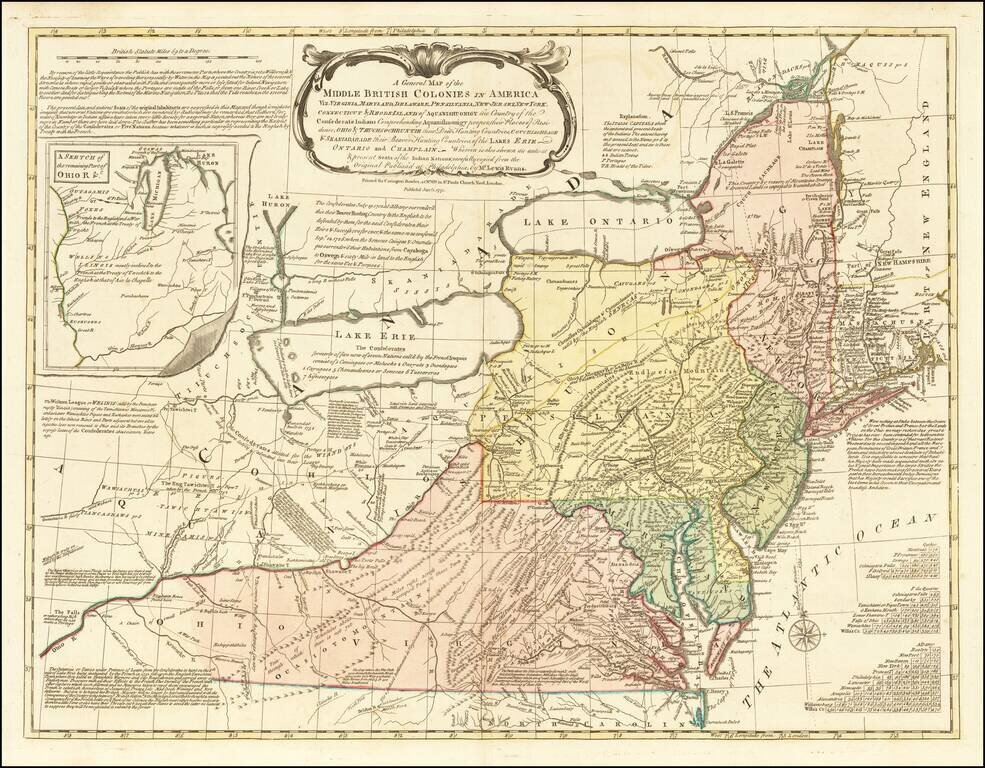 A General Map of the Middle British Colonies In America, viz. Virginia, Maryland, Delaware, Pennsylvania, New Jersey, New York, Connecticut, & Rhode Island of Aquanishuonigy the Country of the Confederate Indians . . . Ohio & Thuchoschruntie their Deer Hu