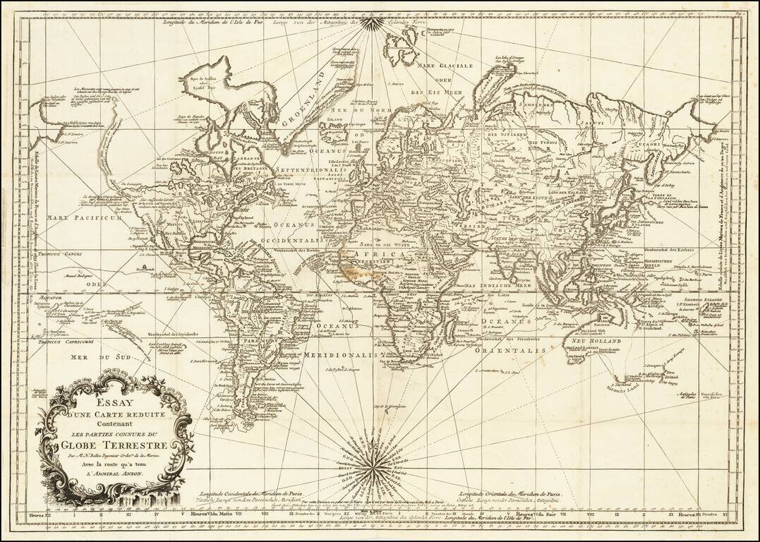 Essay D'une Carte Reduite Contenant les parties con
nues du Globe Terrestre Par M.N. Bellin Ungenieur Ordinre. de la Marine Avec la route qu'a tenu L'Admiral Anson